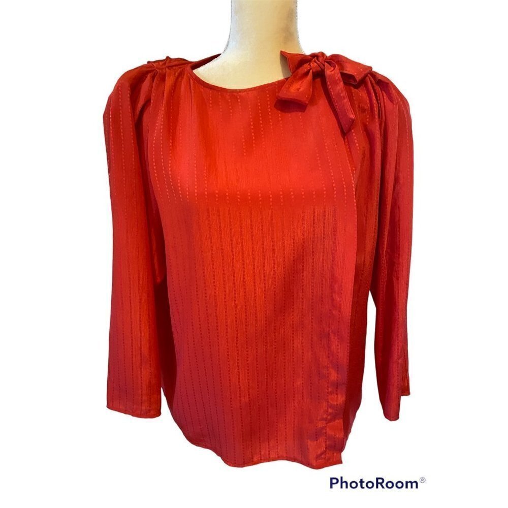 Halston III Long Sleeve Bow Tie Red Satin Blouse Vintage 1980s, Size  8